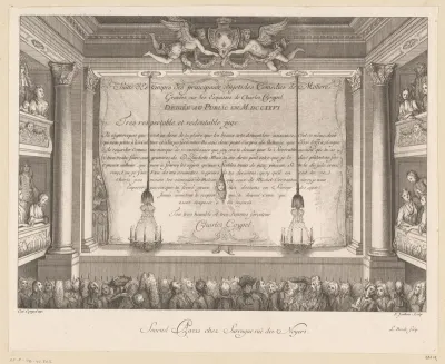 Titelprent met theaterzaal en gesloten gordijnen