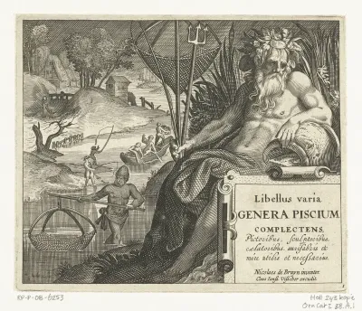 Titelprent met titel en riviergod met drietand en visnet in landschap met vissers