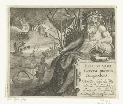 Titelprent met titel en riviergod met drietand en visnet in landschap met vissers