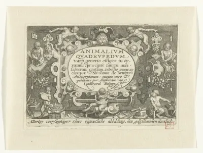 Titelprent met titel in cartouche met daaromheen apen aan het werk als goudsmid