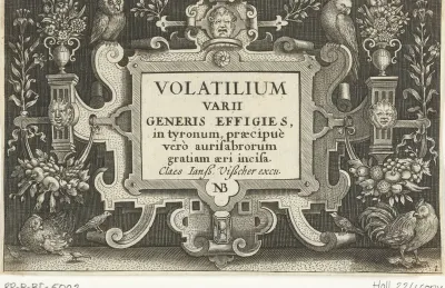 Titelprent met titel in cartouche met ornamenten en vogels