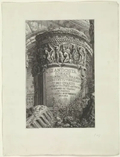 Titelprent met titel op een zuil en bouwfragmenten