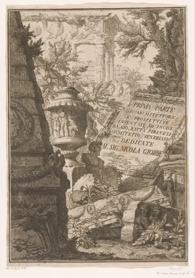 Titelprent met titel op marmeren blok in een landschap met ruïnes