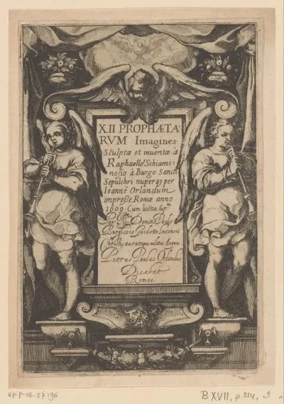 Titelprent met trompetterende engelen