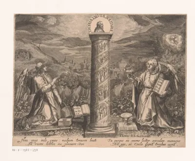 Titelprent met twee engelen een zuil aanbiddend