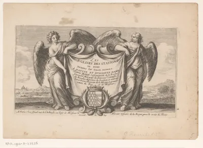 Titelprent met twee engelen en draperie