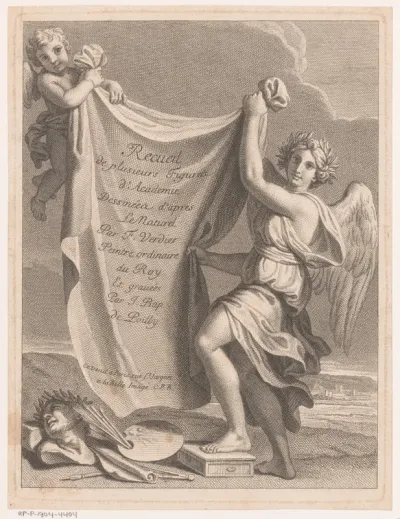 Titelprent met twee engelen en draperie