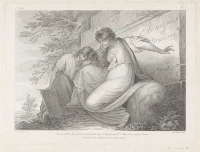 Titelprent met twee figuren met een tekening in een landschap