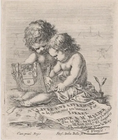 Titelprent met twee kleine jongens tekenend in een schetsboek