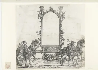 Titelprent met twee paarden die lege omlijsting met ornamenten op baar dragen