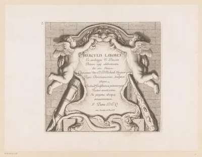 Titelprent met twee putti en de attributen van Hercules
