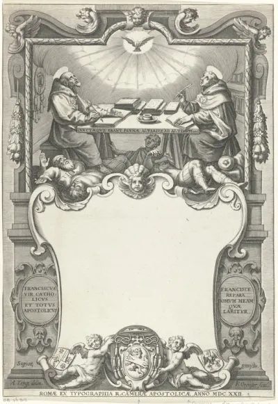Titelprent met twee schrijvende monniken aan een tafel