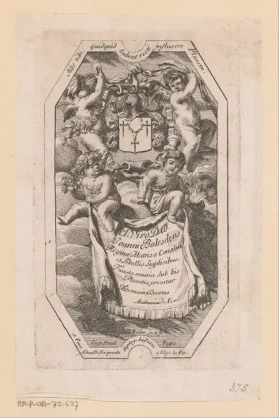 Titelprent met vier putti met wapenschild en draperie