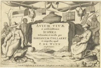 Titelprent met vogelvangers en vogelverkopers