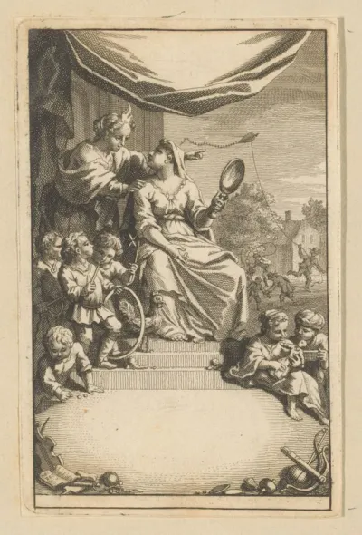 Titelprent met vrouw met spiegel in de hand en spelende kinderen aan haar voeten