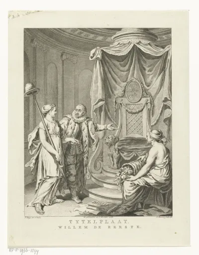 Titelprent met Willem van Oranje die de Hollandse Maagd naar een troon leidt