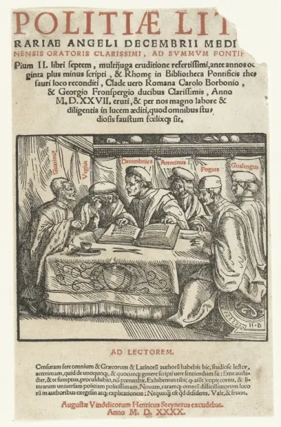 Titelprent met zes geleerden zittend rond een tafel en tekst in boekdruk