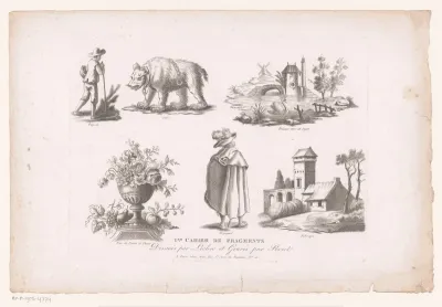 Titelprent met zes verschillende voorstellingen waaronder een beer en twee landschappen