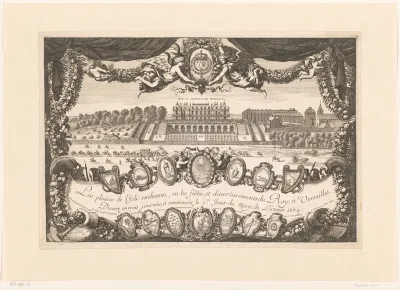 Titelprent met zicht op kasteel Versailles met stoet ruiters
