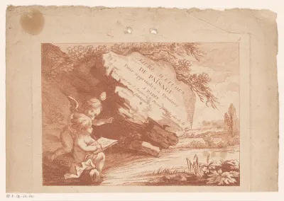Titelprent twee putti voor een steen in een landschap