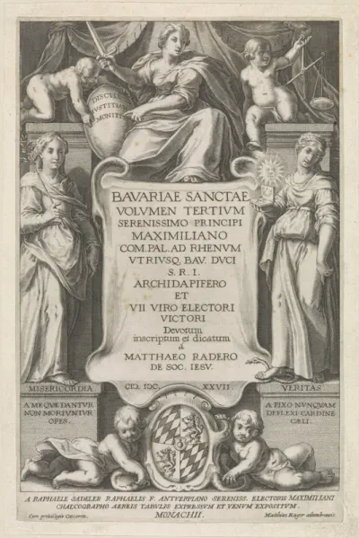 Titelprent van de derde serie over de heiligen van Beieren met de personificaties Barmhartigheid en Waarheid