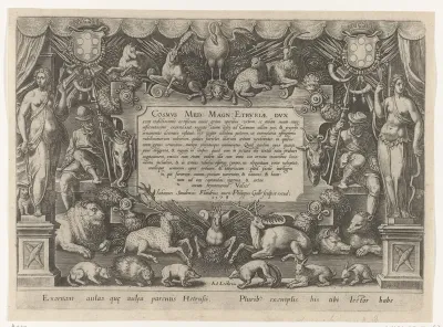 Titelprent van de serie In quibus omne genus venationis, aucupij, piscatusque