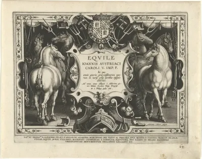 Titelprent van een serie over de koninklijke stallen van Don Juan van Oostenrijk