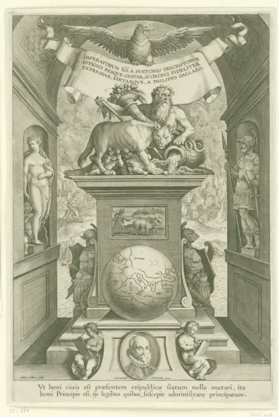 Titelprent van een serie over Romeinse keizers te paard