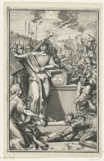 Titelprent van Henricus Vos, Alle de voornaamste historien des Ouden en Nieuwen Testaments. Verbeeld in uytsteekende konst-platen, 2 delen, Amsterdam, 1703.