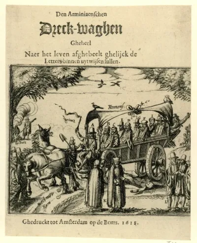 Titelprent van het pamflet: Den Arminiaenschen Dreck-waghen Gheheel Naer het leven afghebeelt ghelijck de Letters binnen uytwijsen sullen, 1618