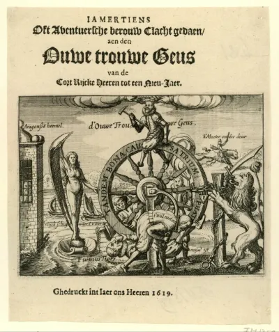 Titelprent van het pamflet: Iamertiens Oft Aventuersche berouw Clacht gedaen aen den Ouwe trouwe Geus, 1619