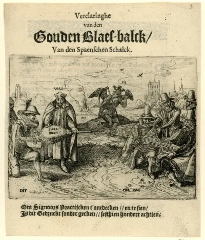 Titelprent van het pamflet uit 1618 getiteld: Verclaringhe van den Gouden Blaes-balck