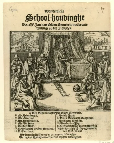 Titelprent van het pamflet uit 1618 getiteld: Wonderlijcke School-houdinghe van Mr. Jan van Olden Bernevelt