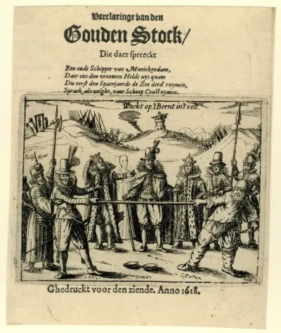 Titelprent van het pamflet: Verclaringe van den Gouden Stock, 1618