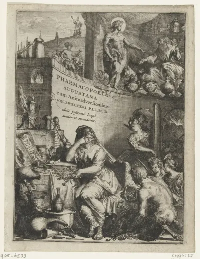 Titelprent van J. Zwelfer, Pharmacopoeia Augustana reformata, Dordrecht 1672.