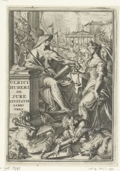 Titelprent voor 'De jure civitatis, libri tres' van Ulricus Huber