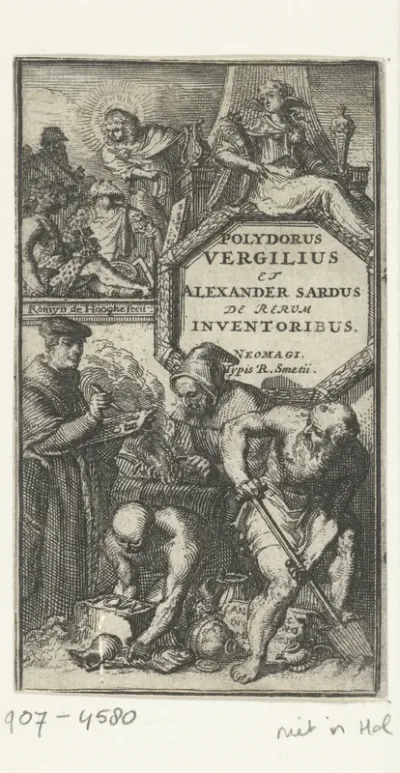 Titelprent voor 'De rerum inventoribus' van Polydorus Vergilius en Alessandro Sardi