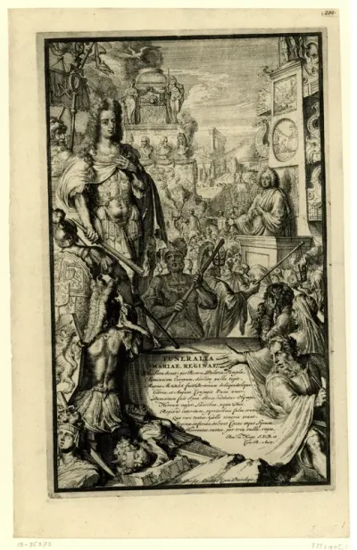 Titelprent voor de serie over het overlijden en de lijkstatie van Maria II Stuart, koningin van Engeland, 1695