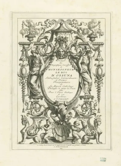 Titelprent voor de serie platen van de statiekoets van de hertog van Ossuna, 1713