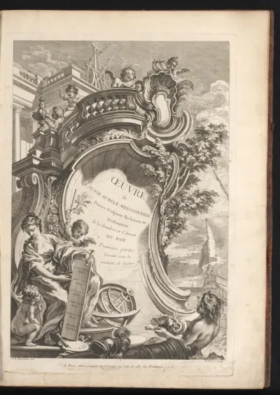 Titelprent voor een oeuvrecatalogus van ontwerpen door Juste Aurèle Meissonnier