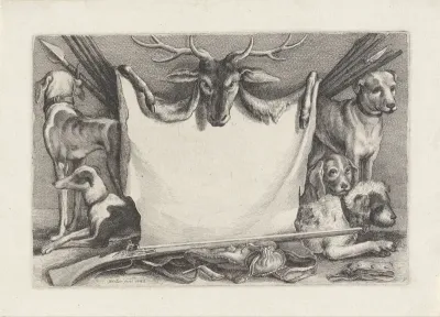 Titelprent voor een serie met prenten over de jacht