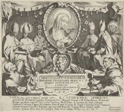 Titelprent voor een serie met scènes uit het leven en wonderen van de Heilige Catharina van Siena