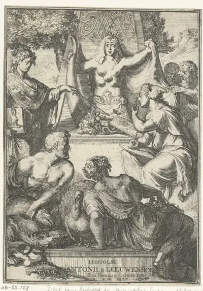 Titelprent voor 'Epistolae' [= 'Ontledingen en ontdekkingen van levende dierkens in de teel-deelen van verscheyde dieren, vogelen en visschen (...) tot Londen in Engeland' of 'Anatomia seu Interiora rerum, (...) ulteriore dilucidatione epistolis'?] v