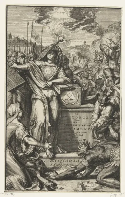 Titelprent voor: Henricus Vos, Alle de voornaamste historien des Ouden en Nieuwen Testaments. Verbeeld in uytsteekende konst-platen, 2 delen, Amsterdam, 1703.