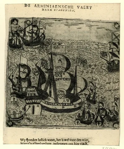 Titelprent voor het pamflet: De Arminiaensche vaert naer Spaegnien, 1618