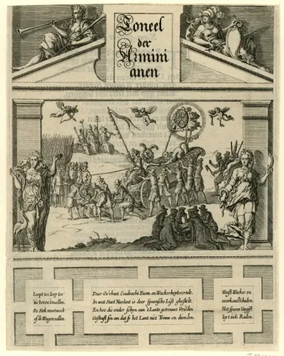 Titelprent voor het pamflet Toneel der Arminianen, 1618
