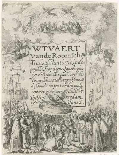Titelprent voor het pamflet Wtvaert vande Roomsche Transubstantiatie, 1612