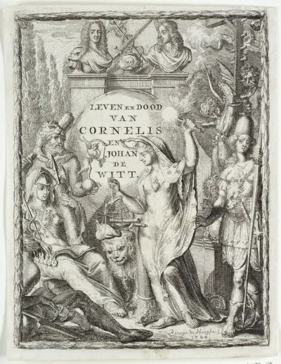 Titelprent voor 'Leeven en Dood der doorlugtige heeren Gebroeders Cornelis de Witt (...) en Johan de Witt' van Emanuel van der Hoeven