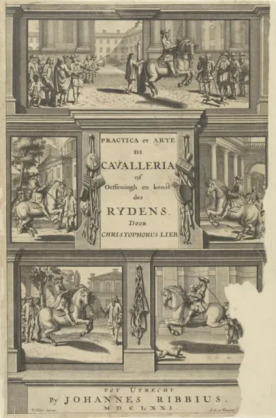 Titelprent voor practica et arte di cavalleria of oeffeningh en konst des rydens, 1671