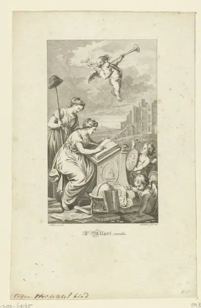 Titelprent voor Vaderlandsch Woordenboek van Jacobus Kok: Geschiedenis schrijft de historie